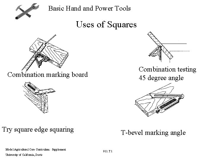 Basic Hand Power Tools Uses of Squares Combination testing 45 degree angle Combination marking