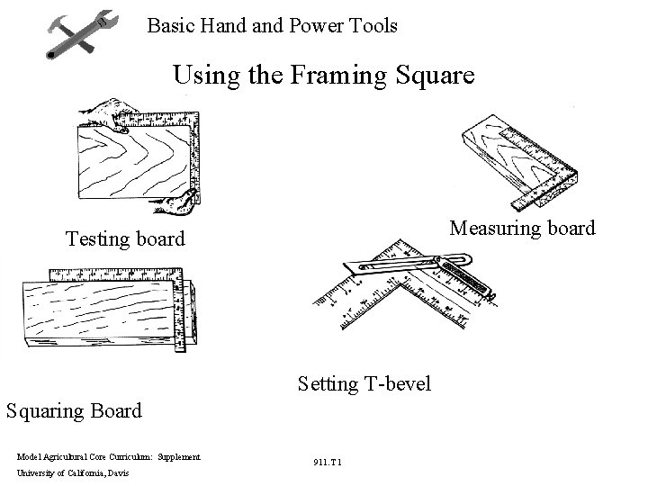 Basic Hand Power Tools Using the Framing Square Measuring board Testing board Setting T-bevel