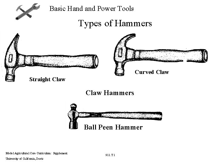Basic Hand Power Tools Types of Hammers Curved Claw Straight Claw Hammers Ball Peen