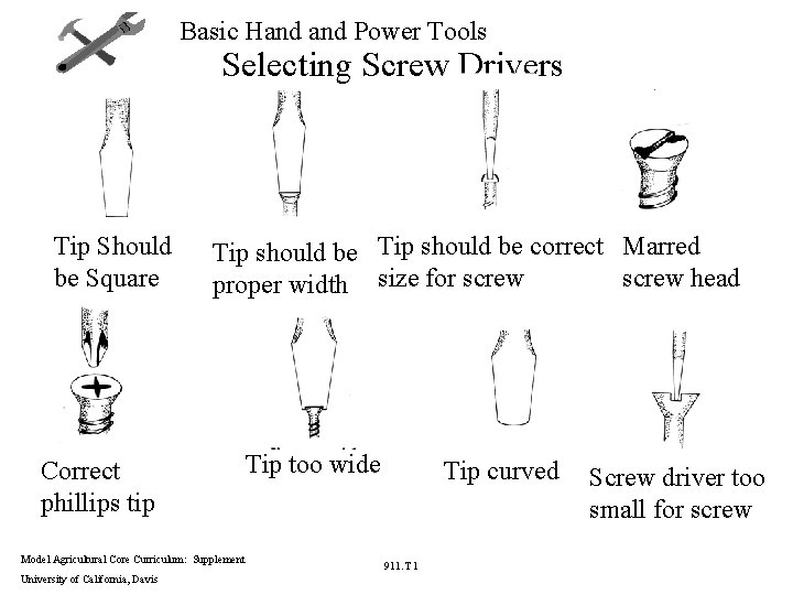 Basic Hand Power Tools Selecting Screw Drivers Tip Should be Square Tip should be