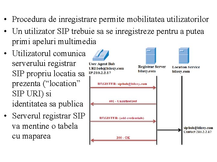  • Procedura de inregistrare permite mobilitatea utilizatorilor • Un utilizator SIP trebuie sa