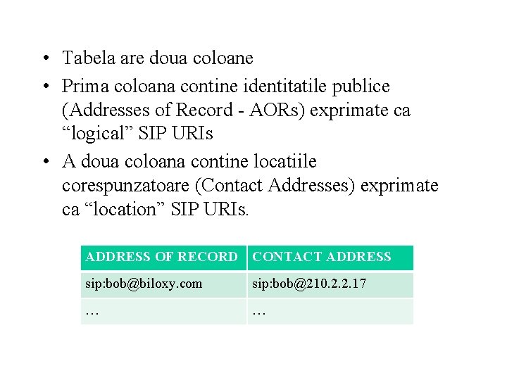  • Tabela are doua coloane • Prima coloana contine identitatile publice (Addresses of