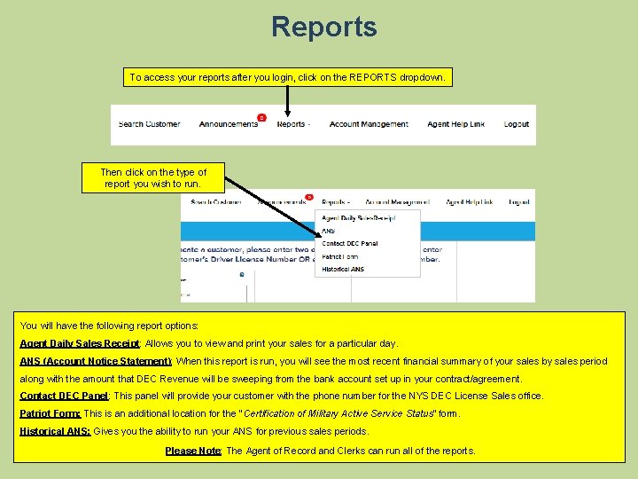 Reports To access your reports after you login, click on the REPORTS dropdown. Then