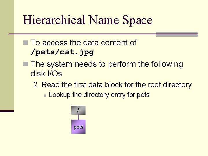 Hierarchical Name Space n To access the data content of /pets/cat. jpg n The