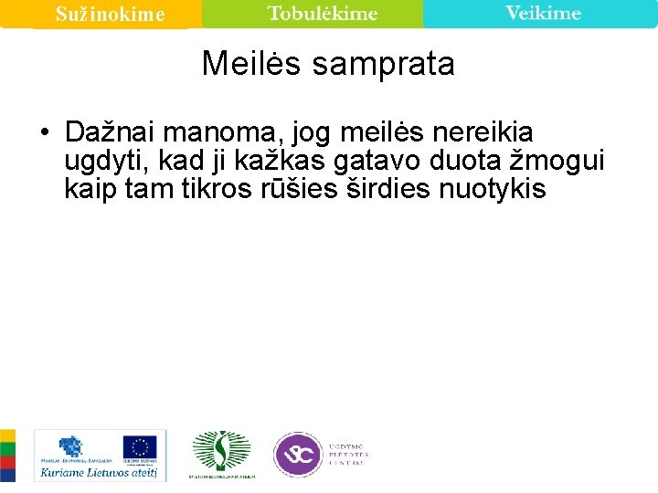 Sužinokime Meilės samprata • Dažnai manoma, jog meilės nereikia ugdyti, kad ji kažkas gatavo
