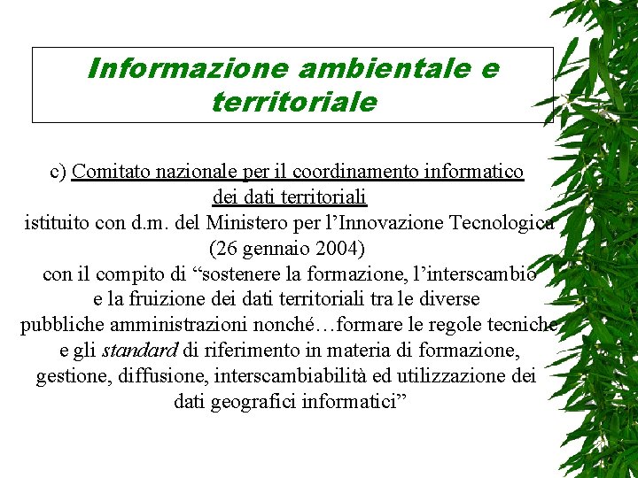 Informazione ambientale e territoriale c) Comitato nazionale per il coordinamento informatico dei dati territoriali