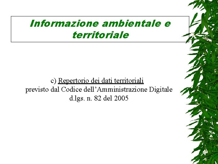 Informazione ambientale e territoriale c) Repertorio dei dati territoriali previsto dal Codice dell’Amministrazione Digitale