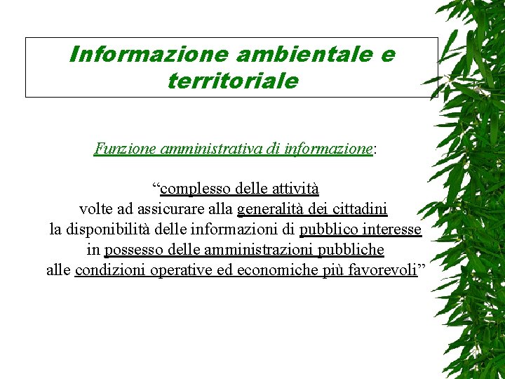 Informazione ambientale e territoriale Funzione amministrativa di informazione: “complesso delle attività volte ad assicurare