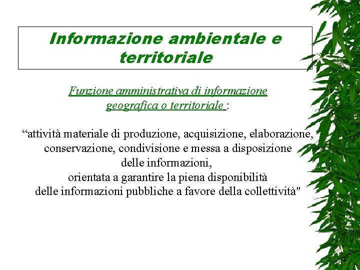 Informazione ambientale e territoriale Funzione amministrativa di informazione geografica o territoriale : “attività materiale