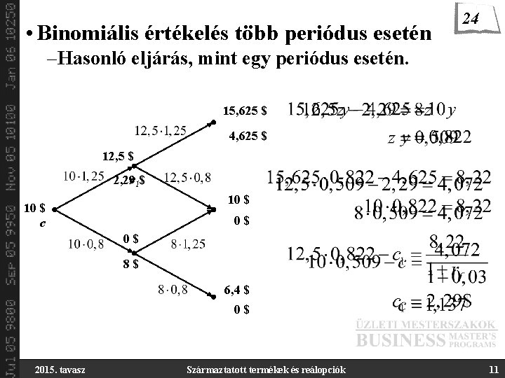  • Binomiális értékelés több periódus esetén 24 –Hasonló eljárás, mint egy periódus esetén.