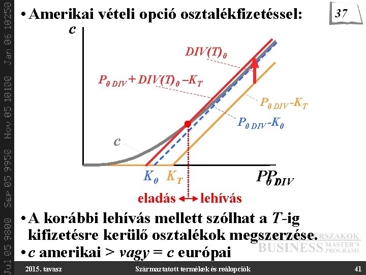  • Amerikai vételi opció osztalékfizetéssel: c 37 DIV(T)0 P 0 DIV + DIV(T)0