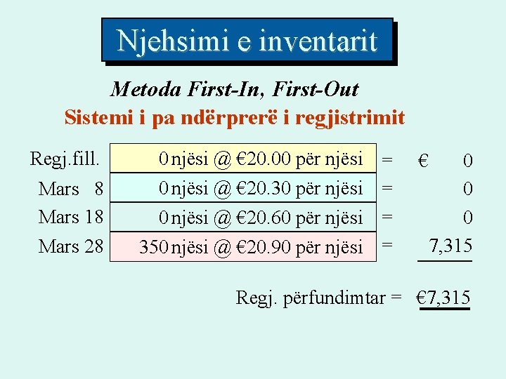 Njehsimi e inventarit Metoda First-In, First-Out Sistemi i pa ndërprerë i regjistrimit Regj. fill.