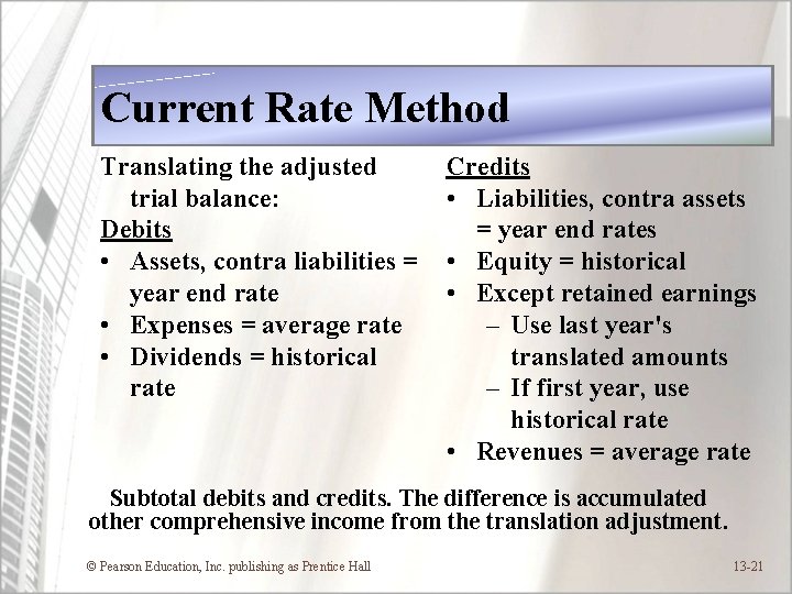 Current Rate Method Translating the adjusted trial balance: Debits • Assets, contra liabilities =