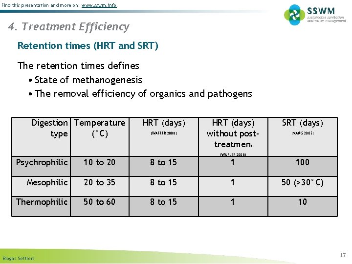 Find this presentation and more on: www. sswm. info. 4. Treatment Efficiency Retention times