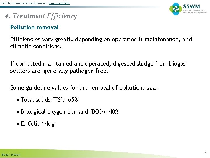 Find this presentation and more on: www. sswm. info. 4. Treatment Efficiency Pollution removal