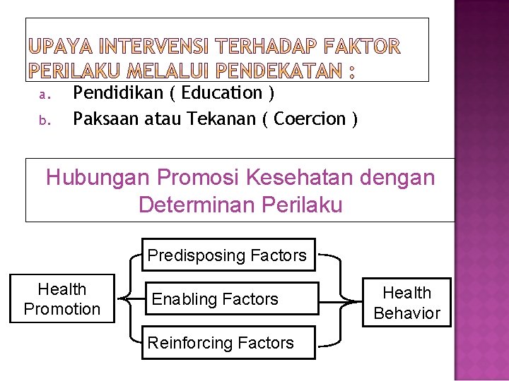 a. b. Pendidikan ( Education ) Paksaan atau Tekanan ( Coercion ) Hubungan Promosi