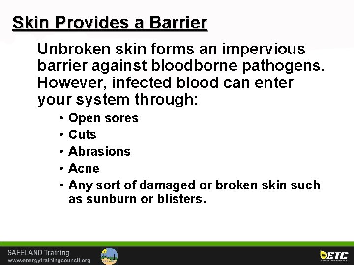 Skin Provides a Barrier Unbroken skin forms an impervious barrier against bloodborne pathogens. However,