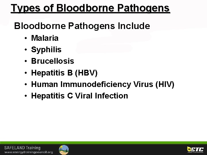 Types of Bloodborne Pathogens Include • • • Malaria Syphilis Brucellosis Hepatitis B (HBV)