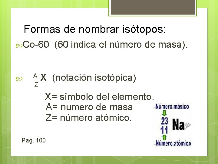 Formas de nombrar isótopos: Co-60 A X Z (60 indica el número de masa).
