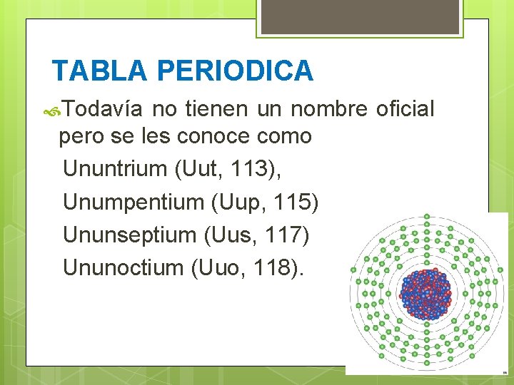 TABLA PERIODICA Todavía no tienen un nombre oficial pero se les conoce como Ununtrium