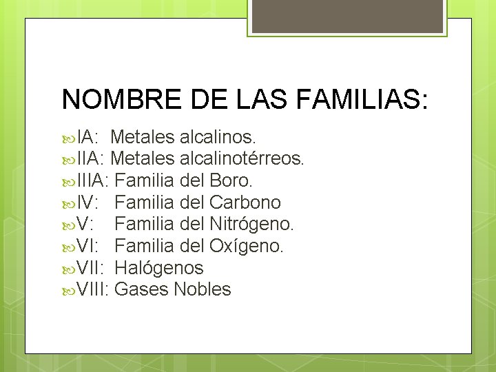 NOMBRE DE LAS FAMILIAS: IA: Metales alcalinos. IIA: Metales alcalinotérreos. IIIA: Familia del Boro.