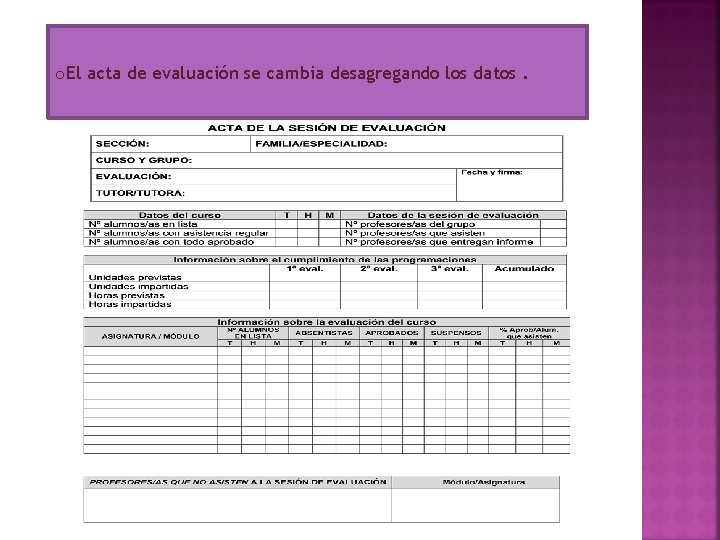 o. El acta de evaluación se cambia desagregando los datos. 