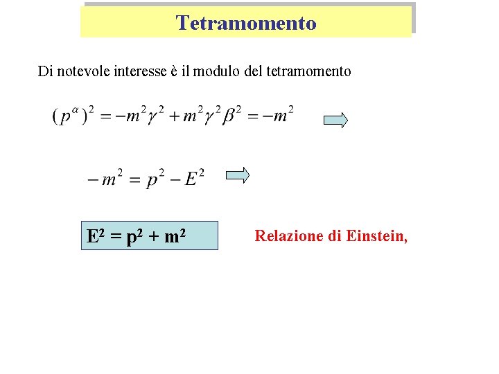 Tetramomento Di notevole interesse è il modulo del tetramomento E 2 = p 2