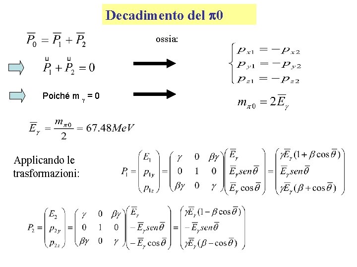 Decadimento del p 0 ossia: Poiché m g = 0 Applicando le trasformazioni: 