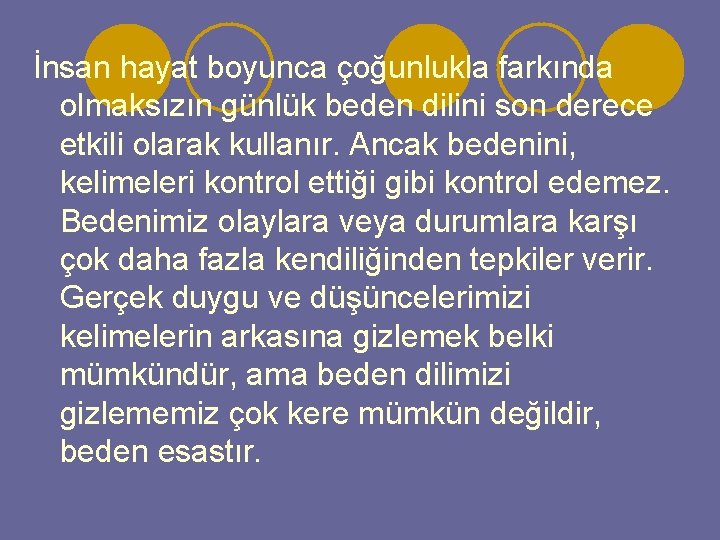 İnsan hayat boyunca çoğunlukla farkında olmaksızın günlük beden dilini son derece etkili olarak kullanır.