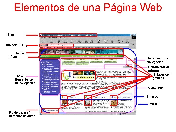 Elementos de una Página Web Título Dirección(URL) Banner Título Tabla / Herramientas de navegación