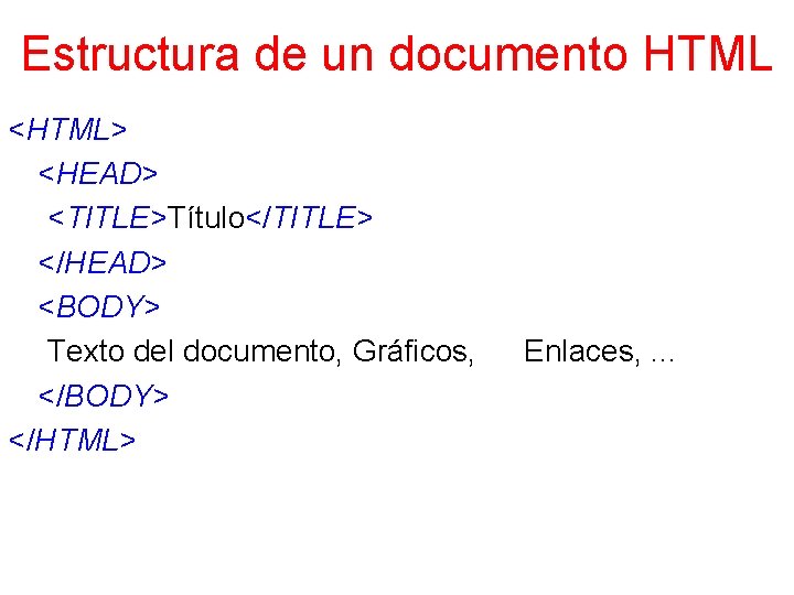 Estructura de un documento HTML <HTML> <HEAD> <TITLE>Título</TITLE> </HEAD> <BODY> Texto del documento, Gráficos,