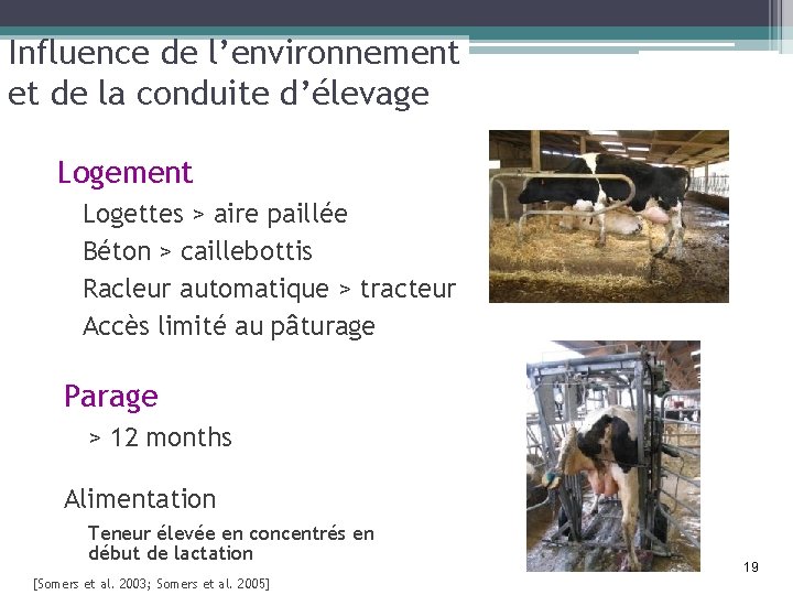 Influence de l’environnement et de la conduite d’élevage Logement Logettes > aire paillée Béton