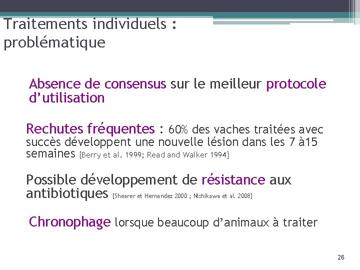 Traitements individuels : problématique Absence de consensus sur le meilleur protocole d’utilisation Rechutes fréquentes