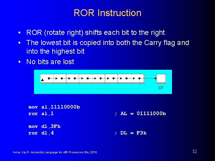 ROR Instruction • ROR (rotate right) shifts each bit to the right • The