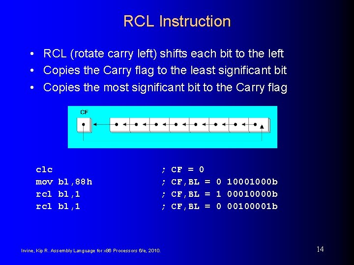 RCL Instruction • RCL (rotate carry left) shifts each bit to the left •