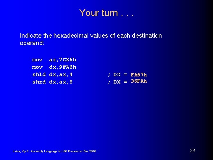 Your turn. . . Indicate the hexadecimal values of each destination operand: mov shld