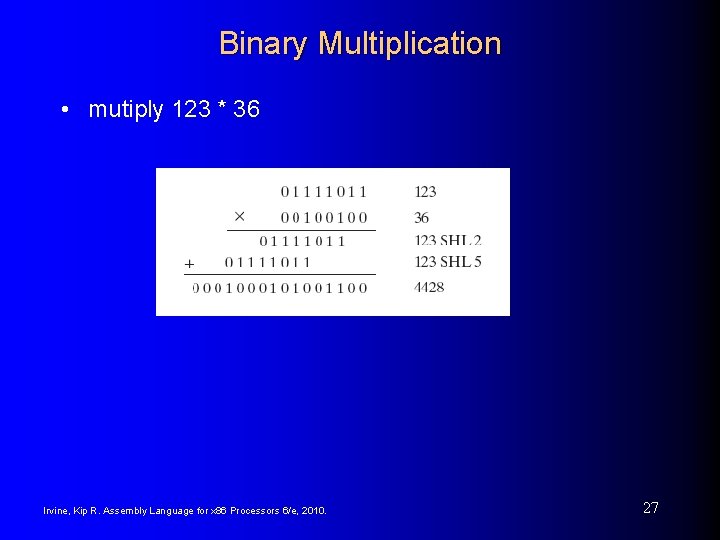 Binary Multiplication • mutiply 123 * 36 Irvine, Kip R. Assembly Language for x