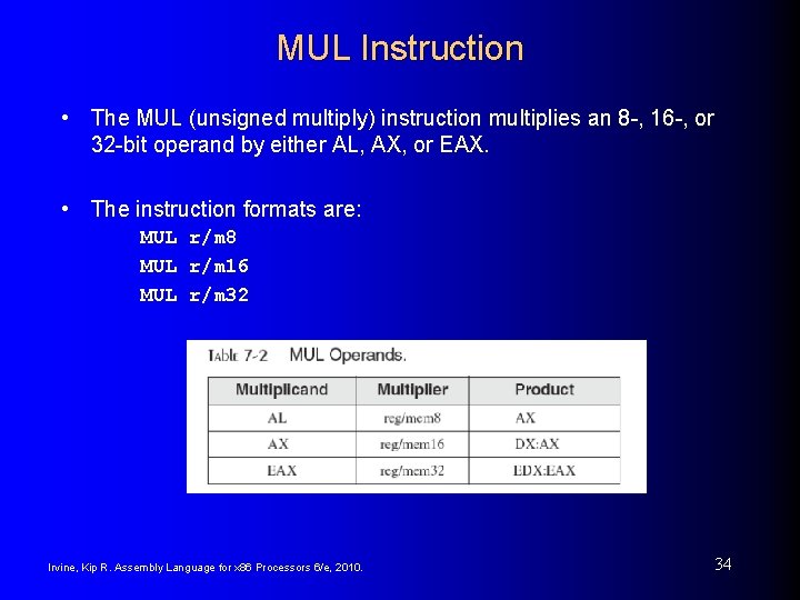 MUL Instruction • The MUL (unsigned multiply) instruction multiplies an 8 -, 16 -,