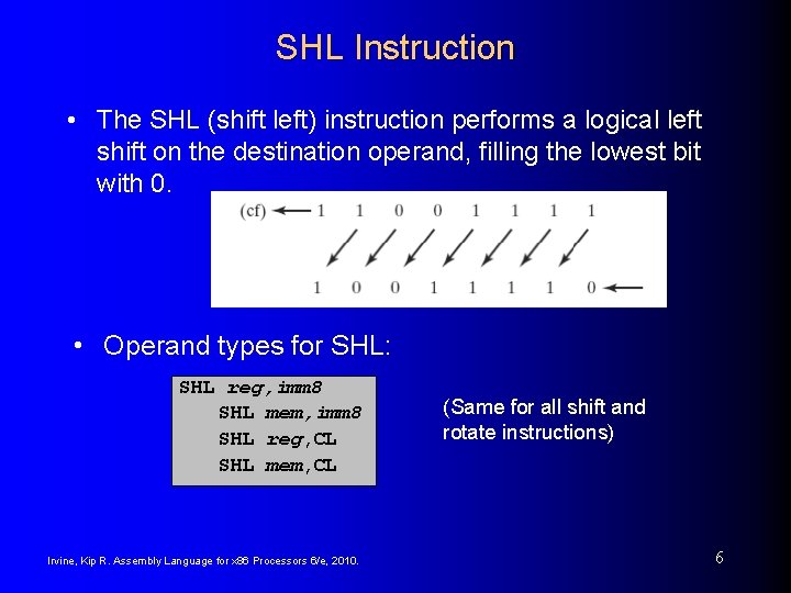 SHL Instruction • The SHL (shift left) instruction performs a logical left shift on