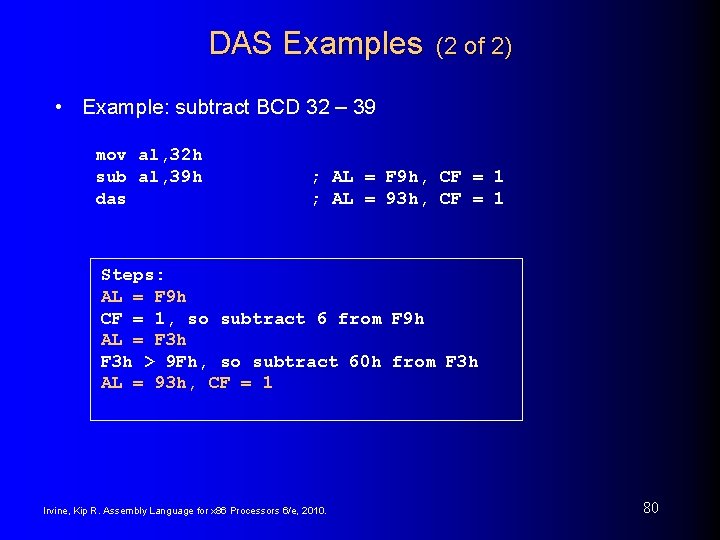 DAS Examples (2 of 2) • Example: subtract BCD 32 – 39 mov al,