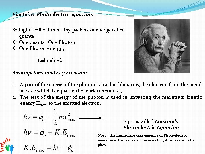 Einstein’s Photoelectric equation: v Light=collection of tiny packets of energy called quanta v One