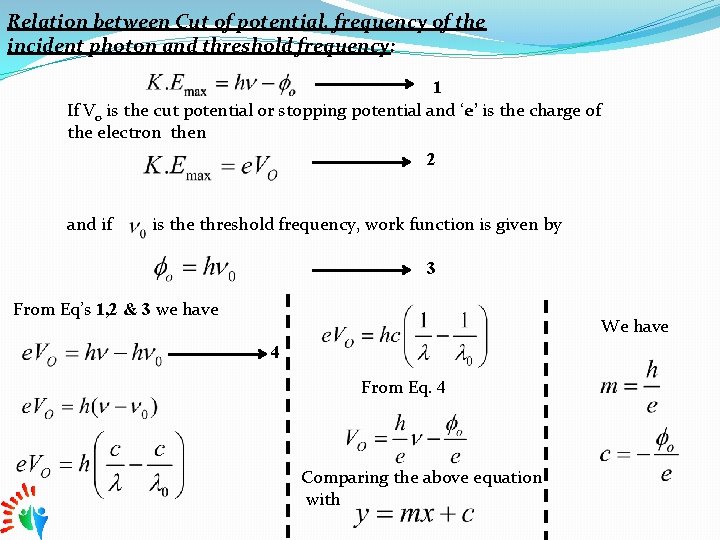 Relation between Cut of potential, frequency of the incident photon and threshold frequency: 1