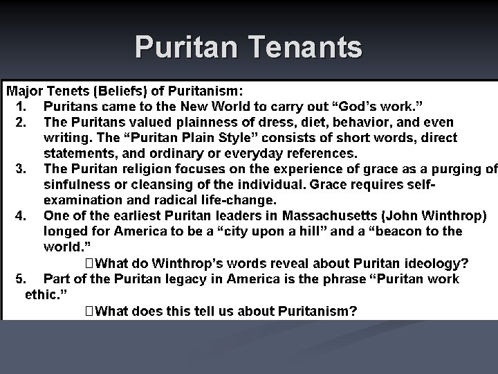 Puritan Tenants 