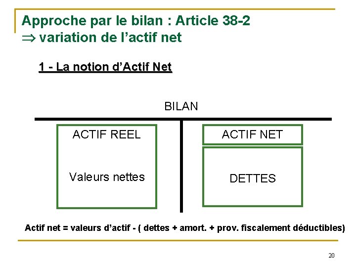 Approche par le bilan : Article 38 -2 variation de l’actif net 1 -