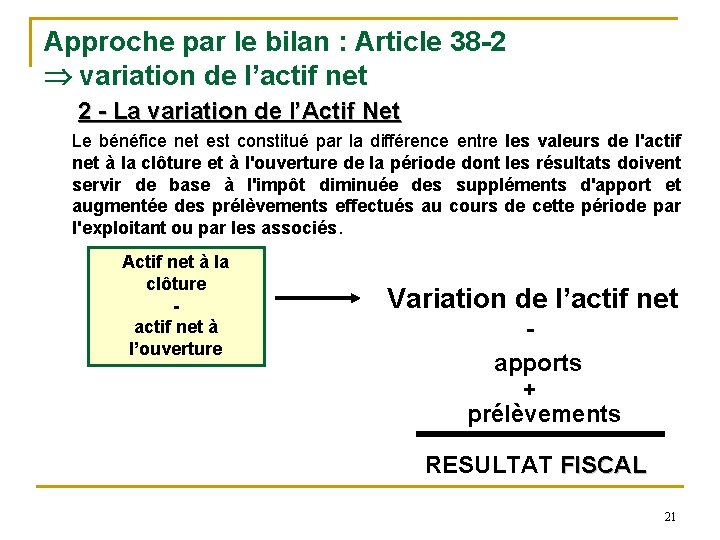 Approche par le bilan : Article 38 -2 variation de l’actif net 2 -