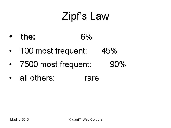 Zipf’s Law • the: 6% • 100 most frequent: 45% • 7500 most frequent: