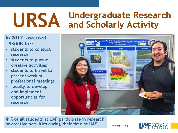 URSA Undergraduate Research and Scholarly Activity In 2017, awarded ~$300 K for: • students