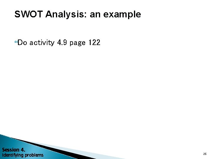 SWOT Analysis: an example Do Session 4. activity 4. 9 page 122 Identifying problems