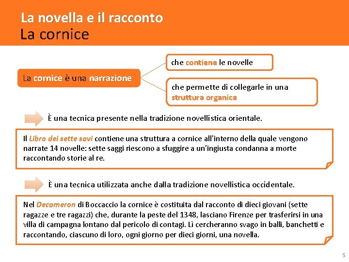 La novella e il racconto La cornice che contiene le novelle La cornice è