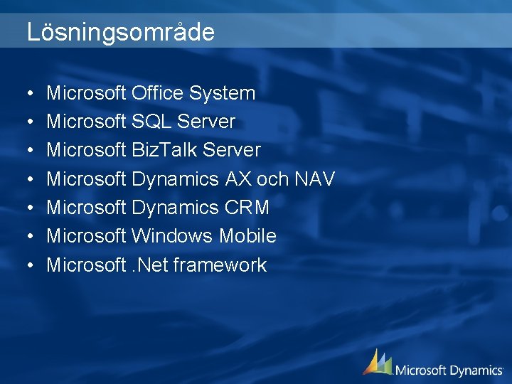 Lösningsområde • • Microsoft Office System Microsoft SQL Server Microsoft Biz. Talk Server Microsoft